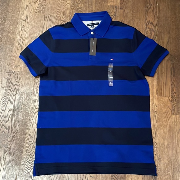 Tommy Hilfiger Slim Fit Stretch Men’s Block Stripe Polo in Midnight Blue Size L - Picture 2 of 4